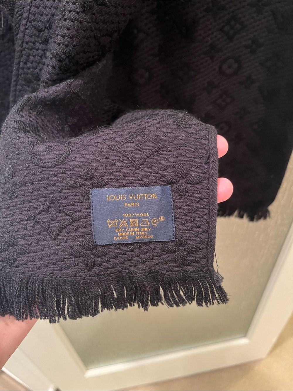 Black Monogram Fringed Wool Scarf
